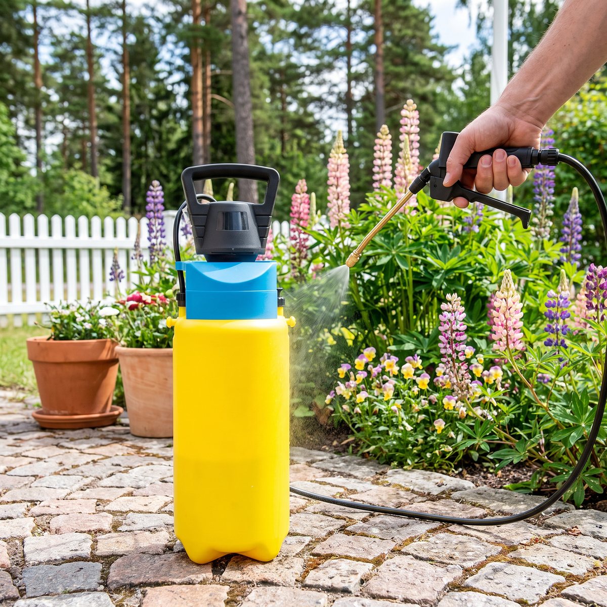 Gloria Prima 5/42E med batteripump på en stenlagd uteplats vid en svensk rabatt med lupiner