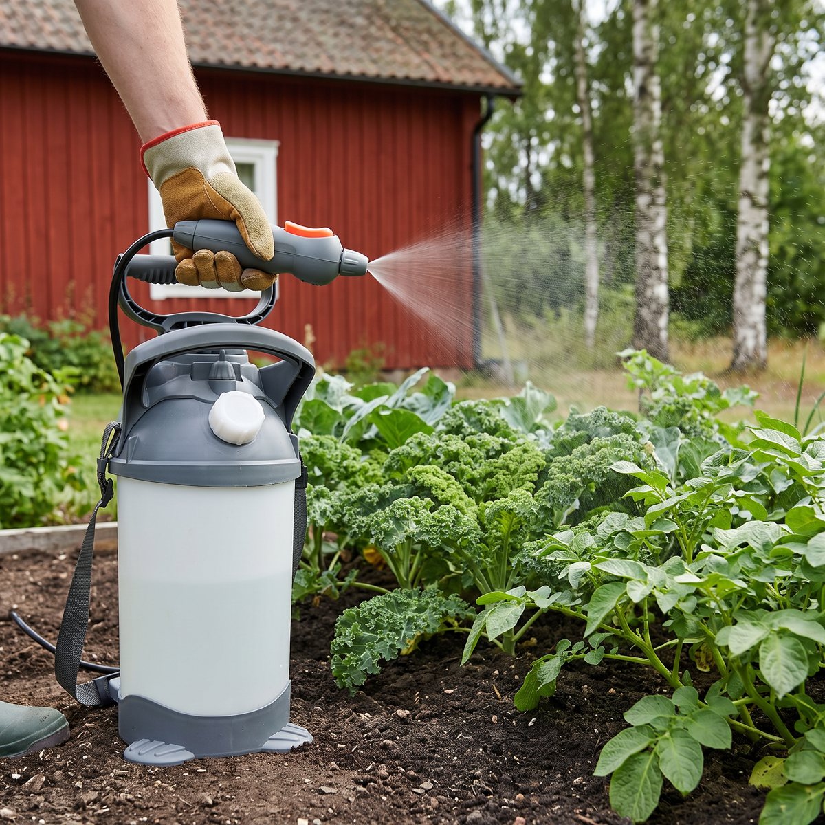 Hozelock Pulsar Viton 7 l i bruk i en svensk trädgård, sprutar över ett grönsakslandet framför en rödfärgad stuga