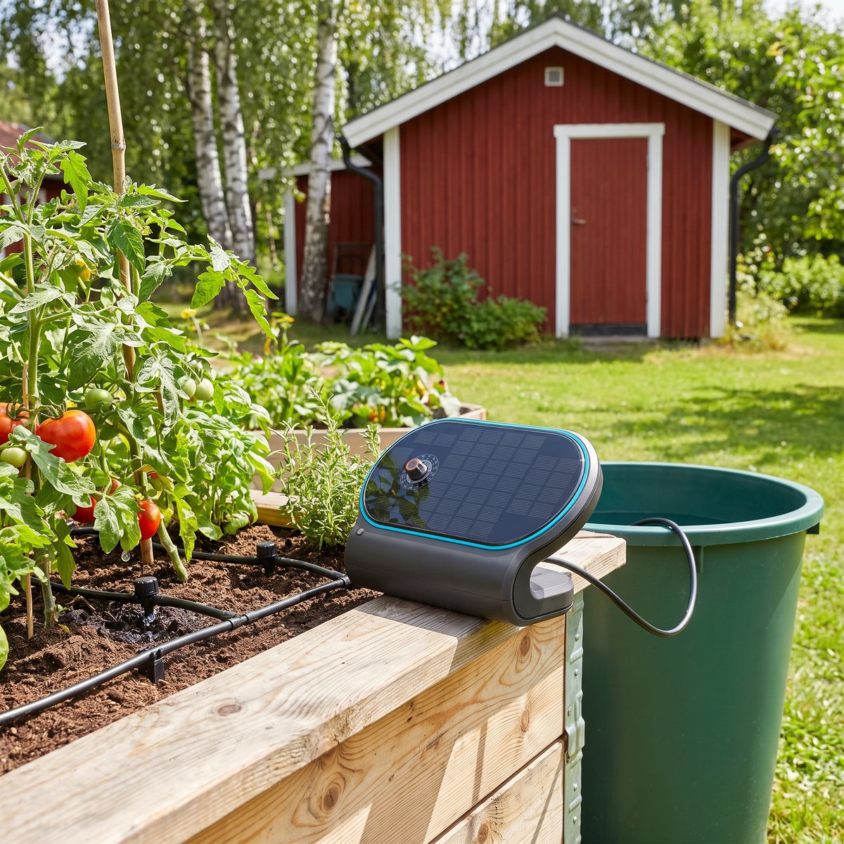 Gardena AquaBloom L på kanten av en pallkrage med tomatplantor, sugslang i en regntunna och röd bod i bakgrunden