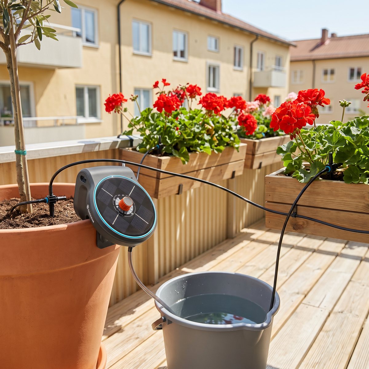Gardena AquaBloom hängd på en stor kruka på en solig balkong, med droppslangar till balkonglådor med pelargoner
