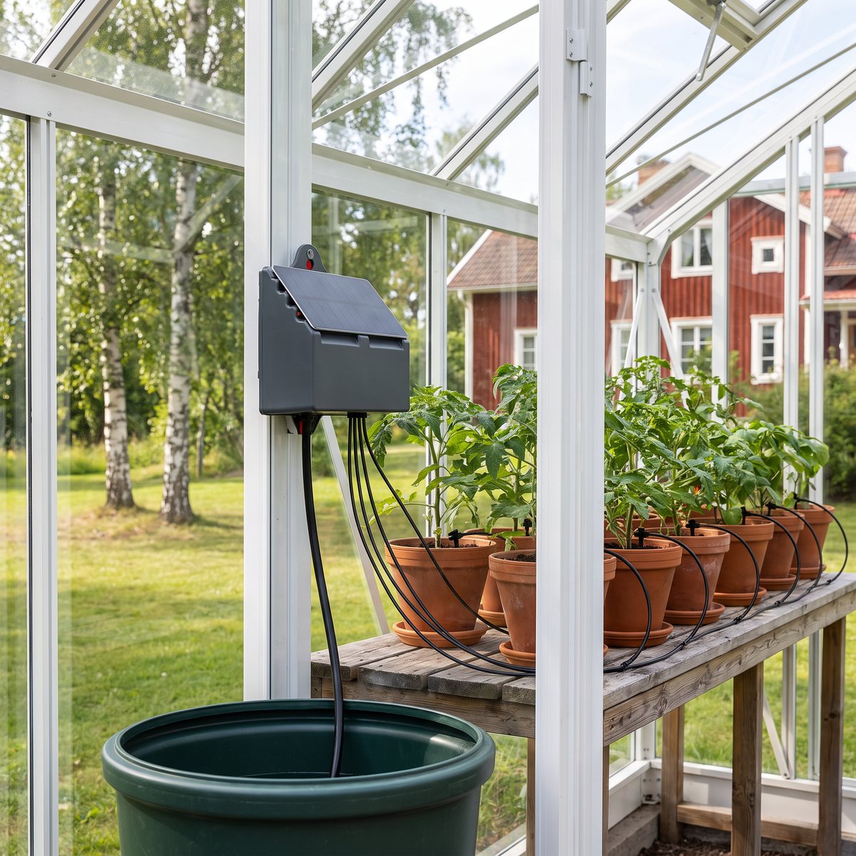 GreenLine EcoAqua S12 uppsatt i ett växthus med droppslangar till tomatplantor i terrakottakrukor och en regntunna