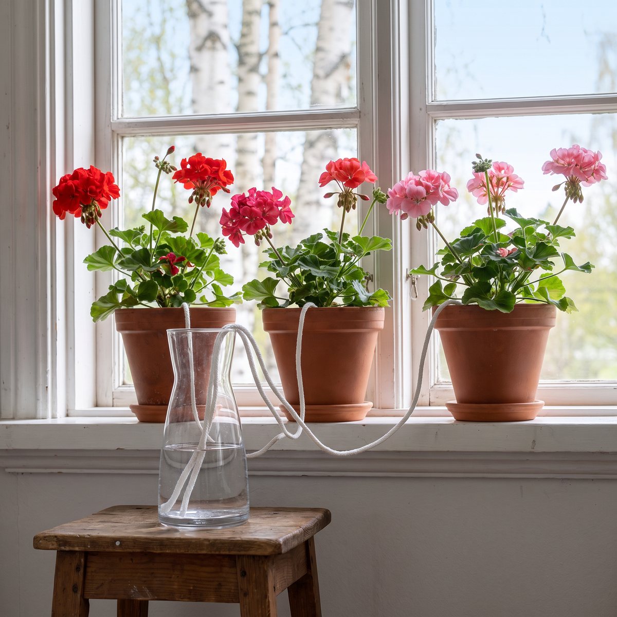 Vita vekar från en vattenkaraff på en pall till pelargoner i terrakottakrukor i ett fönster
