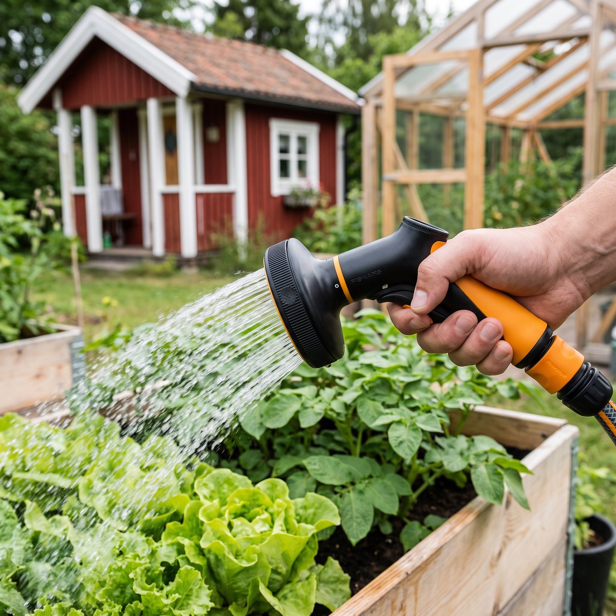 Fiskars Comfort sprinklerpistol som vattnar ett odlingsbänk i en svensk koloniträdgård