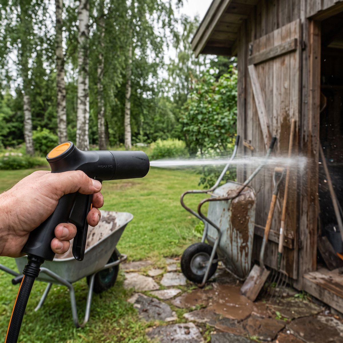 Fiskars Solid strålpistol som spolar av en skottkärra vid ett redskapsskjul
