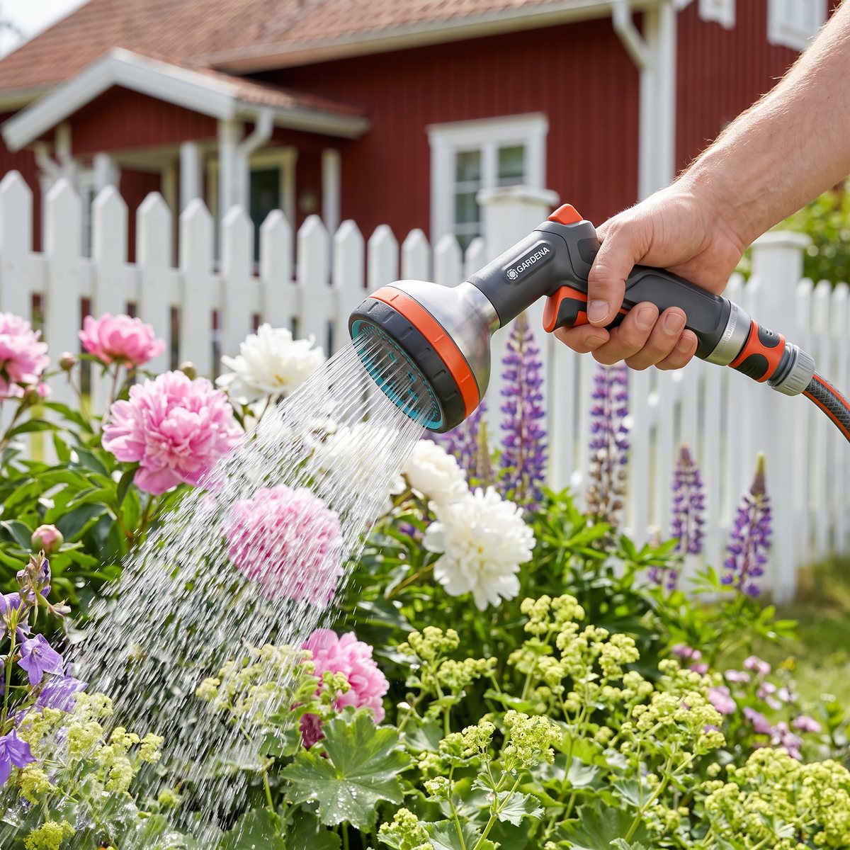 Gardena Premium multisprinklerpistol som vattnar en perennrabatt i en svensk trädgård