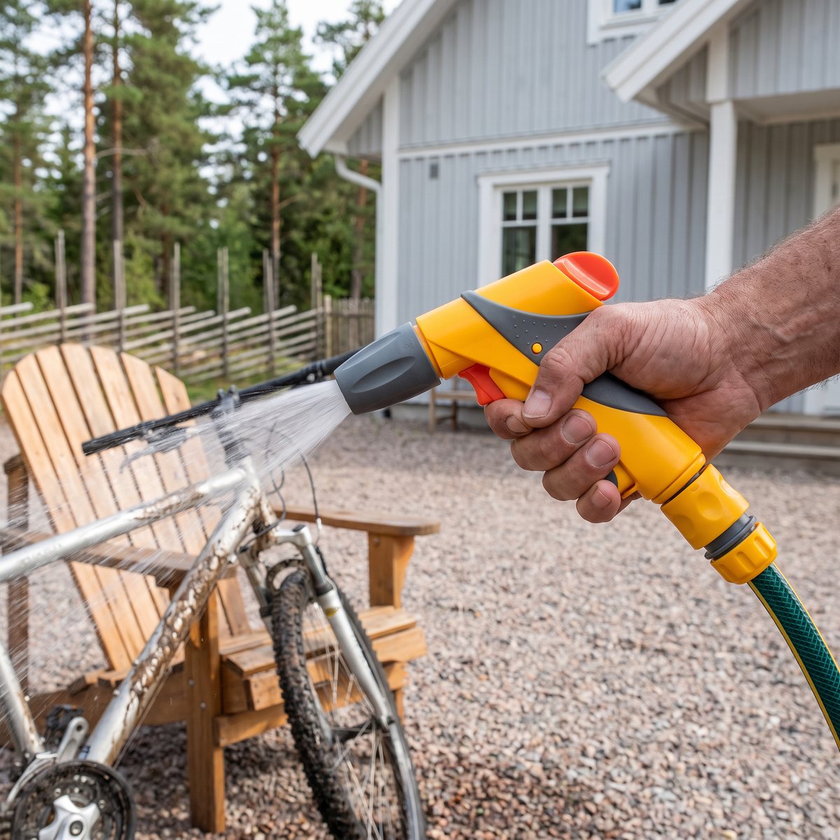 Hozelock Jet Spray Plus som spolar av en cykel och trädgårdsmöbler på en grusplan