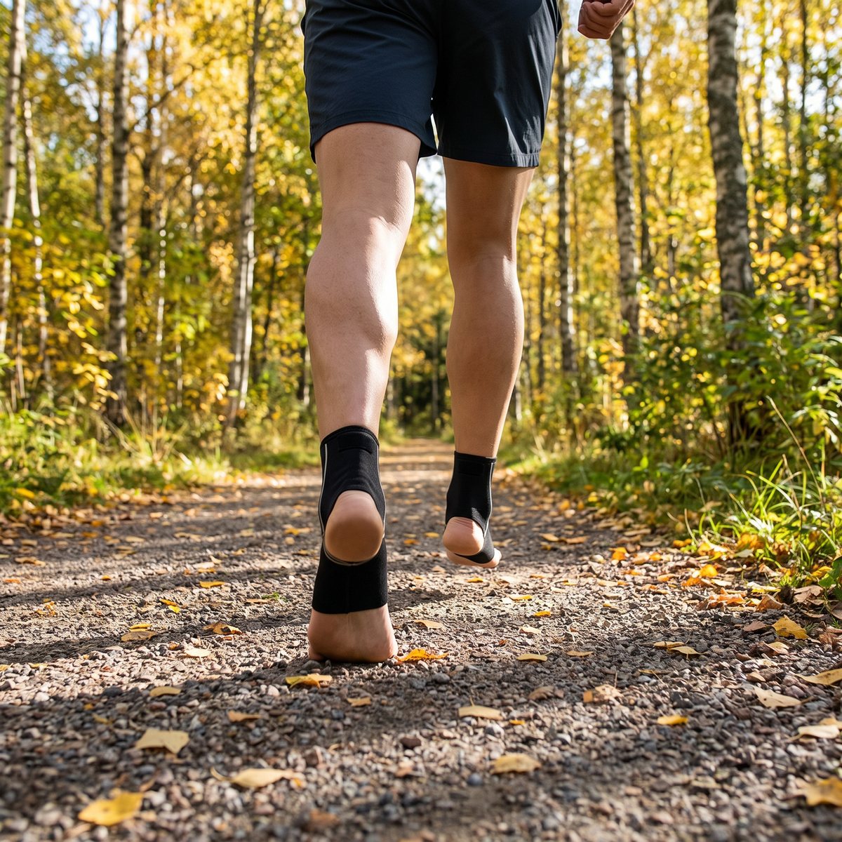 Rehband QD Ankle Support på löpare på grusväg i svensk björkskog