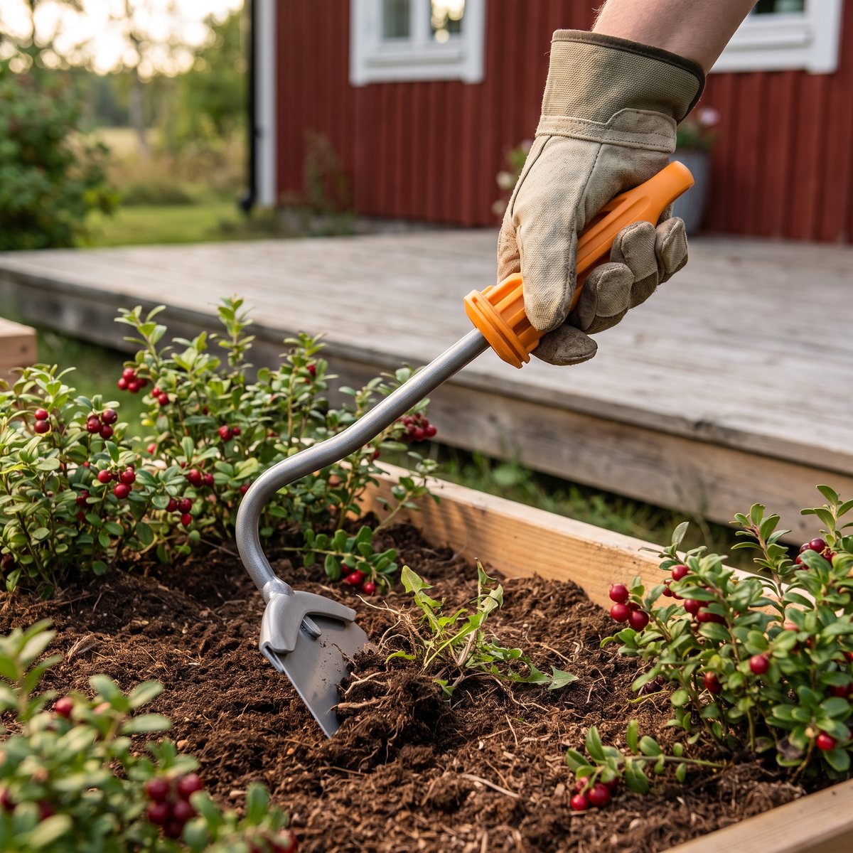 Fiskars OneClick renshackshuvud på skaft som rensar ogräs i en odlingslåda i en svensk trädgård