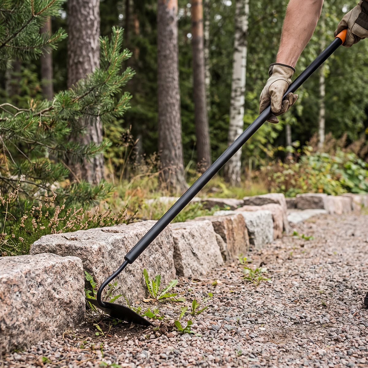 Fiskars Solid renshacka med svart skaft och orange topp mot en grusgång i en svensk trädgård
