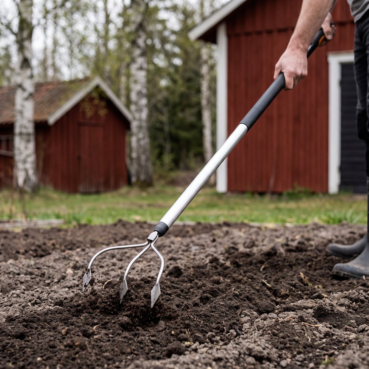 Fiskars Xact Kultivator med aluminiumskaft dras genom ett grönsaksland framför en faluröd bod och björkar