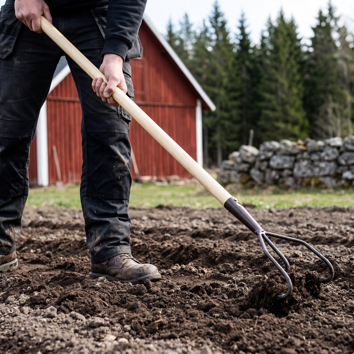 Ironside kultivator med lackerat träskaft dras genom ett grönsaksland framför en faluröd lada och granskog
