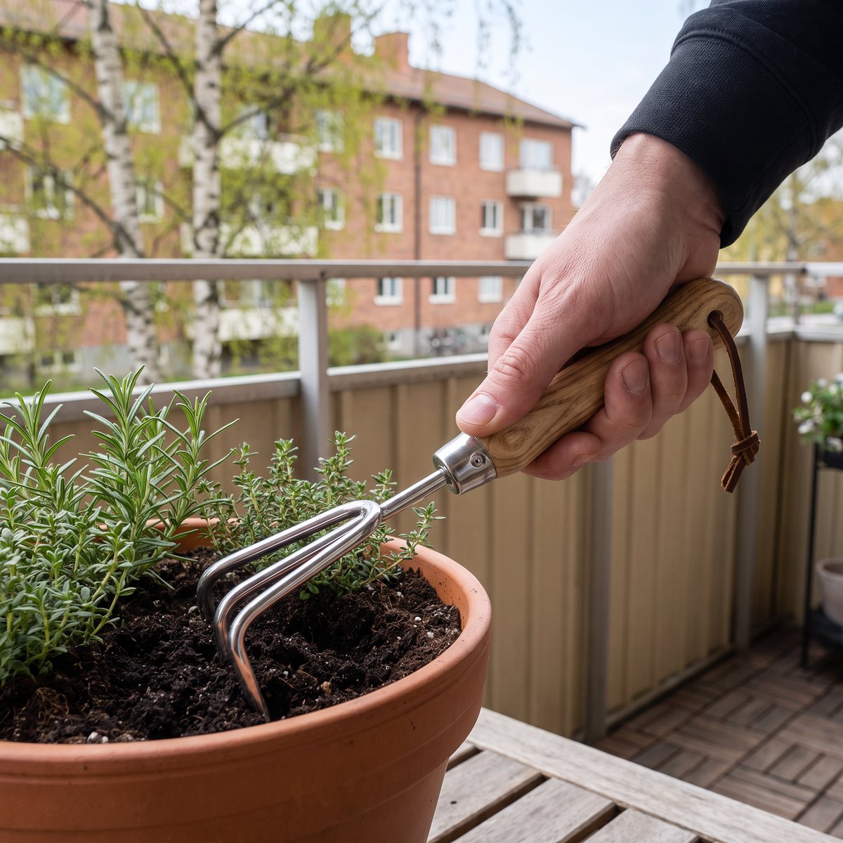 Nelson Garden Kultivator med askhandtag blandar jorden i en terrakottakruka med örter på en svensk balkong