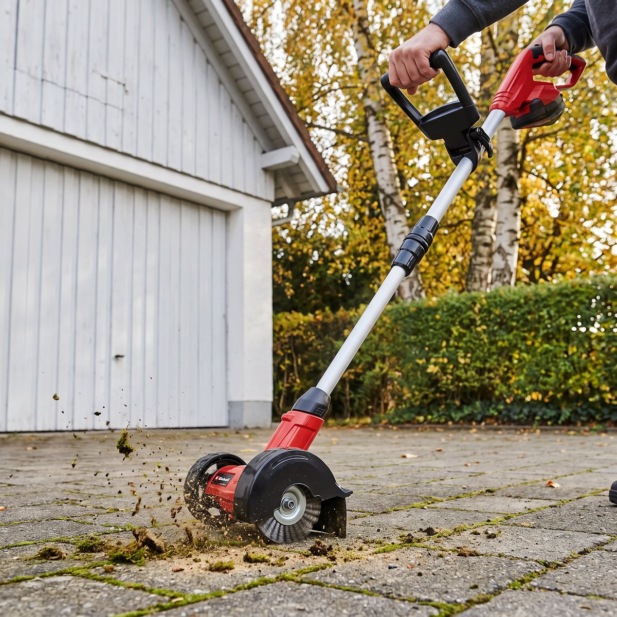 Einhell GE-CC 18 Li fogrensare med roterande stålborsthjul rensar fogarna på en stenlagd uppfart framför ett vitt garage
