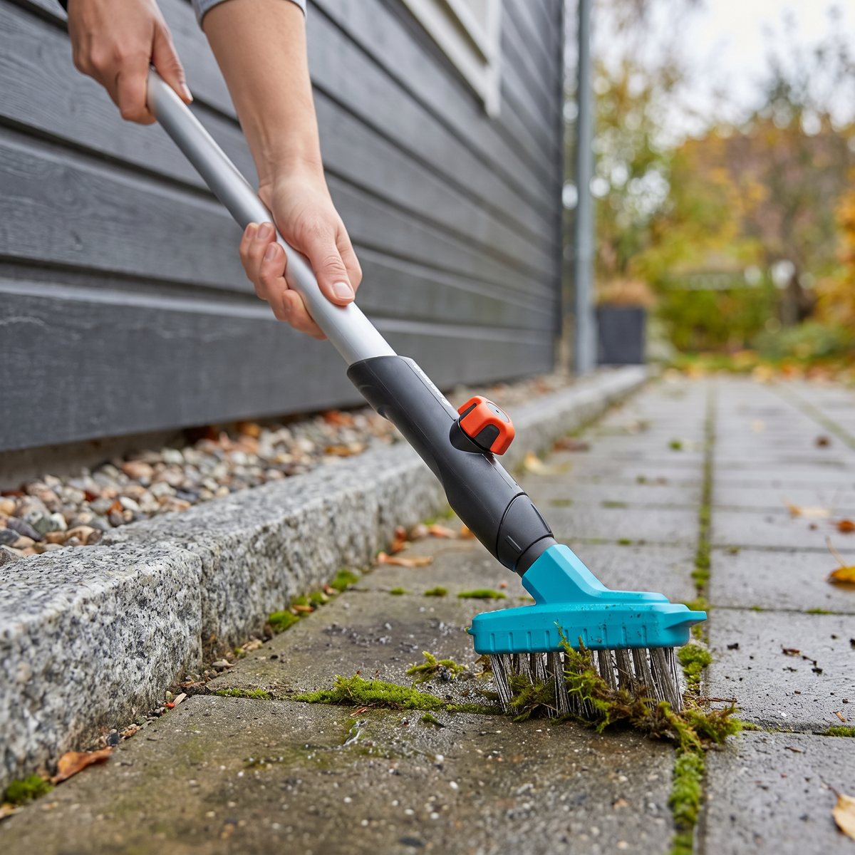 Gardena Combisystem fogborste M med skaft borstar mossa ur fogarna längs en husvägg och kantsten