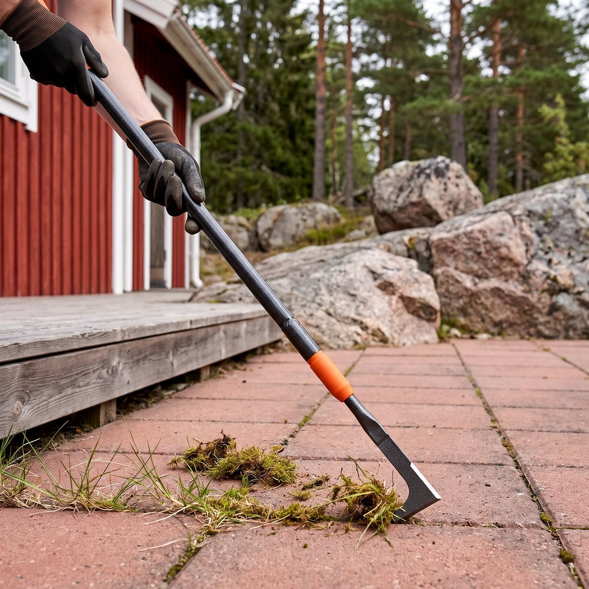 Green>it plattrensare med teleskopskaft drar upp gräs och mossa ur fogarna på en stenlagd uteplats vid en röd stuga