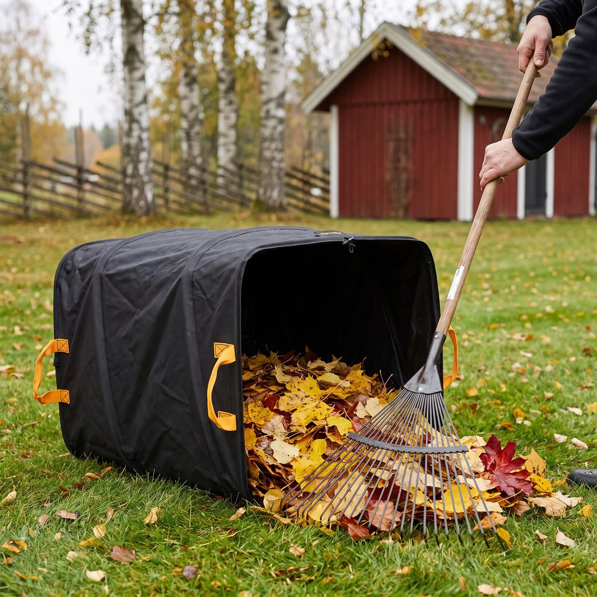 Fiskars Ergo Pop Up, en svart fyrkantig trädgårdssäck med orange handtag, som ligger på sidan medan höstlöv krattas in på en svensk gräsmatta