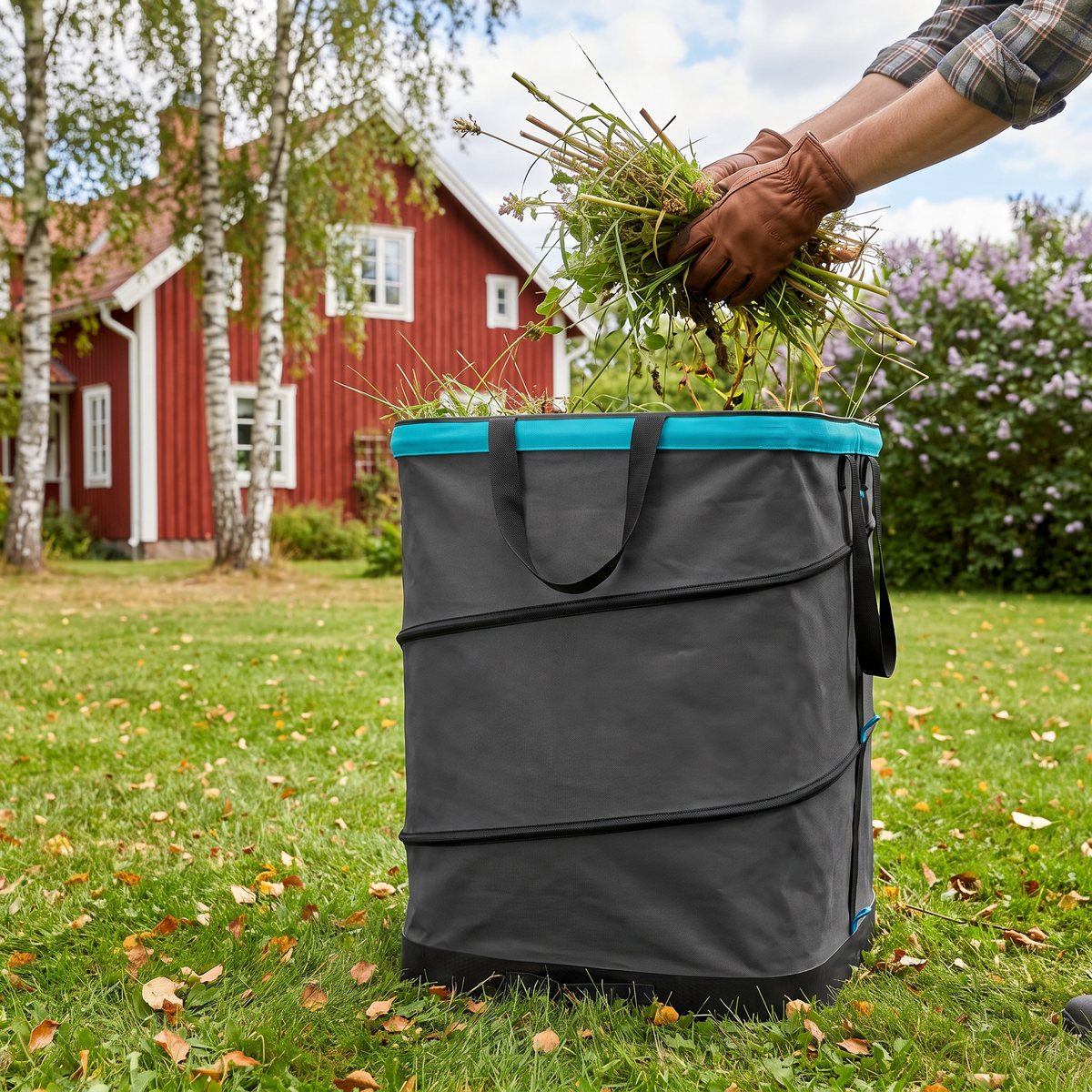 Gardena PopUp L, en grå rektangulär trädgårdssäck med turkos kant, som fylls med ogräs på en gräsmatta framför ett rött trähus