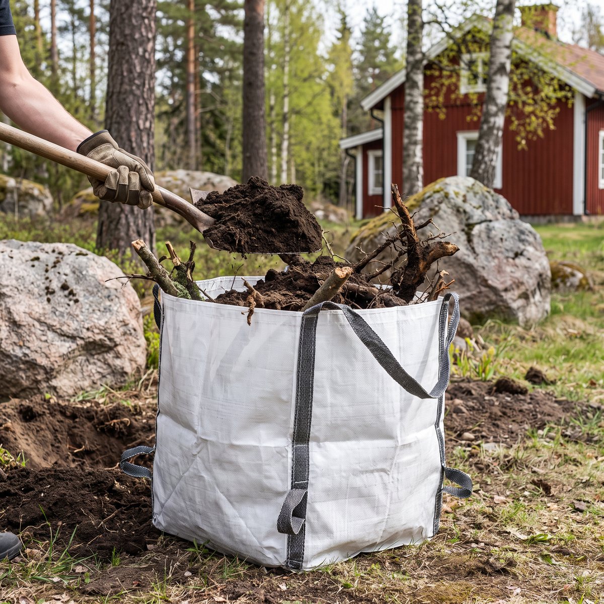 Nelson Garden WasteBag, en vit vävd säck utan ram, fylld med jord, rötter och grenar bredvid en nygrävd rabatt