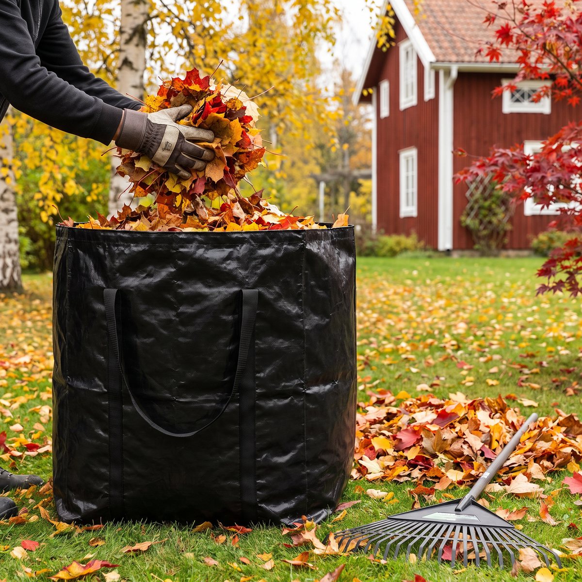 PowerPlus säck för trädgårdsavfall, en svart säck i PVC med bärhandtag, fylld med höstlöv på en gräsmatta