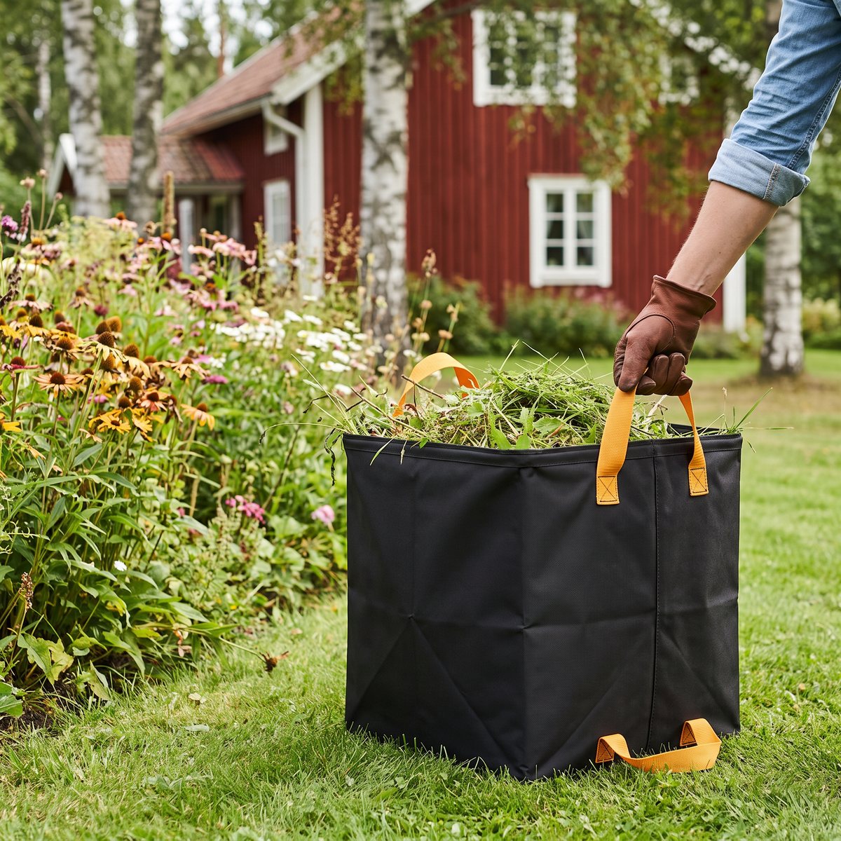 Fiskars Ergo Pop Up, en fyrkantig svart trädgårdssäck med orange handtag, halvfull med ogräs och gräsklipp bredvid en rabatt framför ett rött fritidshus