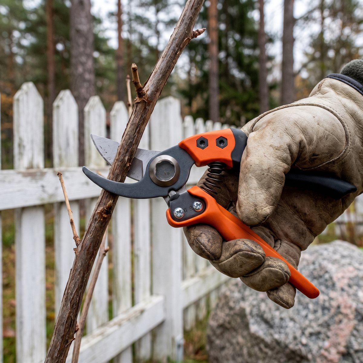 Bahco PX-M2 med orange och svarta handtag klipper en vinbärsgren vid ett vitt staket och en granitsten i en svensk höstträdgård