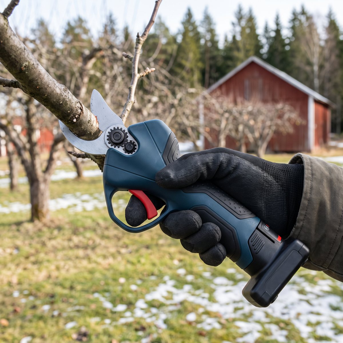 Bosch GGP 12V-25 beskär ett äppelträd i en svensk fruktträdgård med röd lada och snöfläckar i gräset