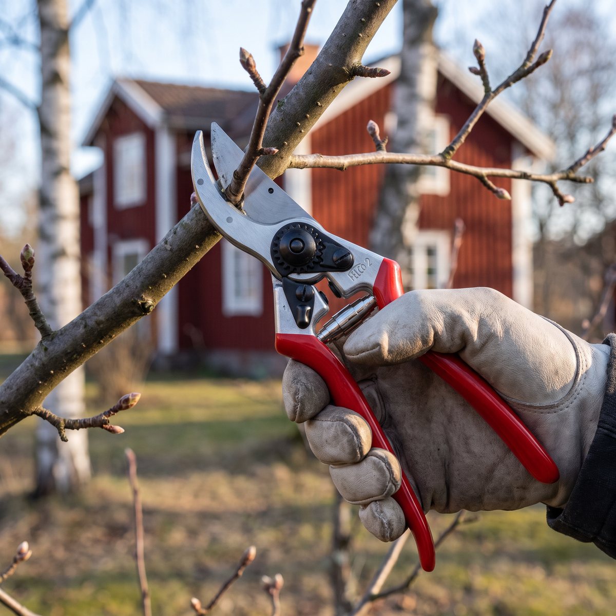 Felco 2 med röda handtag klipper en gren i ett äppelträd i en svensk trädgård med rött trähus en tidig vårmorgon