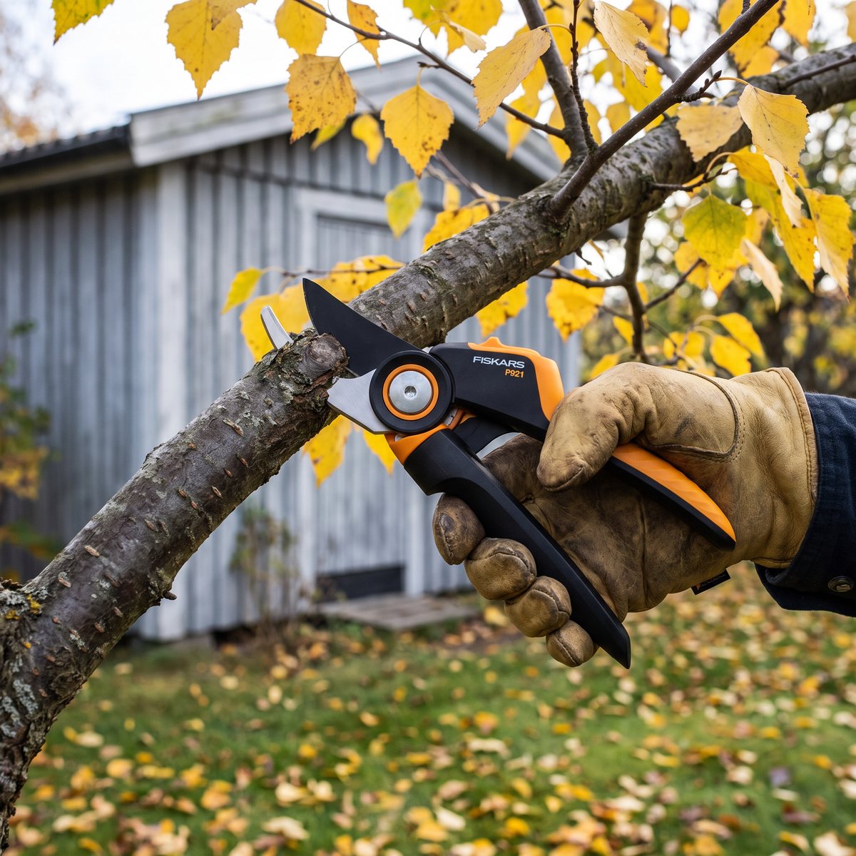 Fiskars Xseries P921 klipper en grov gren i en svensk trädgård med gråmålad bod och gula höstlöv