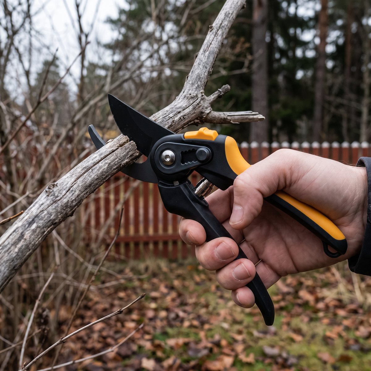 Fiskars PowerStep P83 biter i en torr död gren i en gammal syrenhäck framför ett rött trästaket