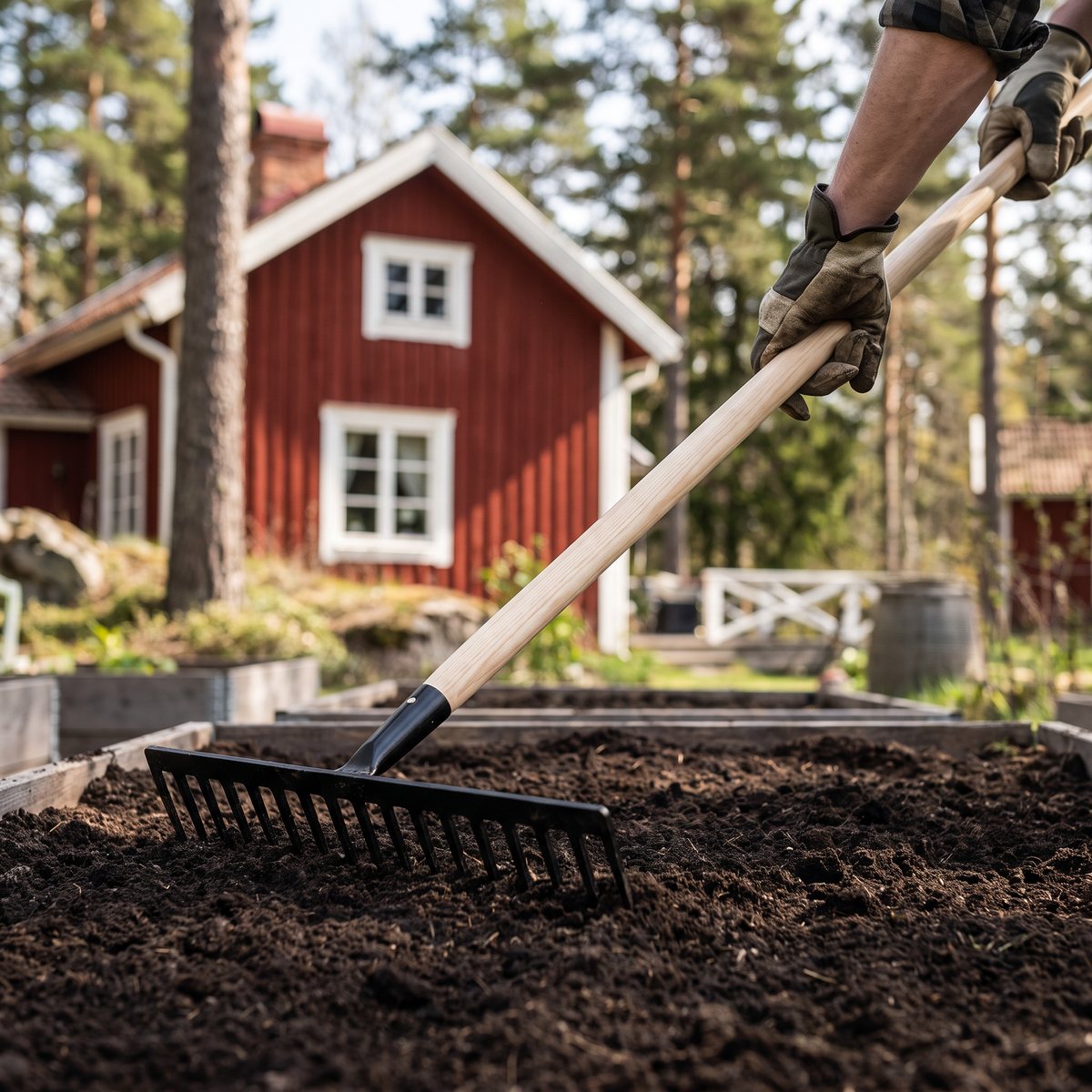 Fiskars-kratta med trähandtag och svart stålhuvud som jämnar jorden i en odlingslåda vid en rödmålad stuga