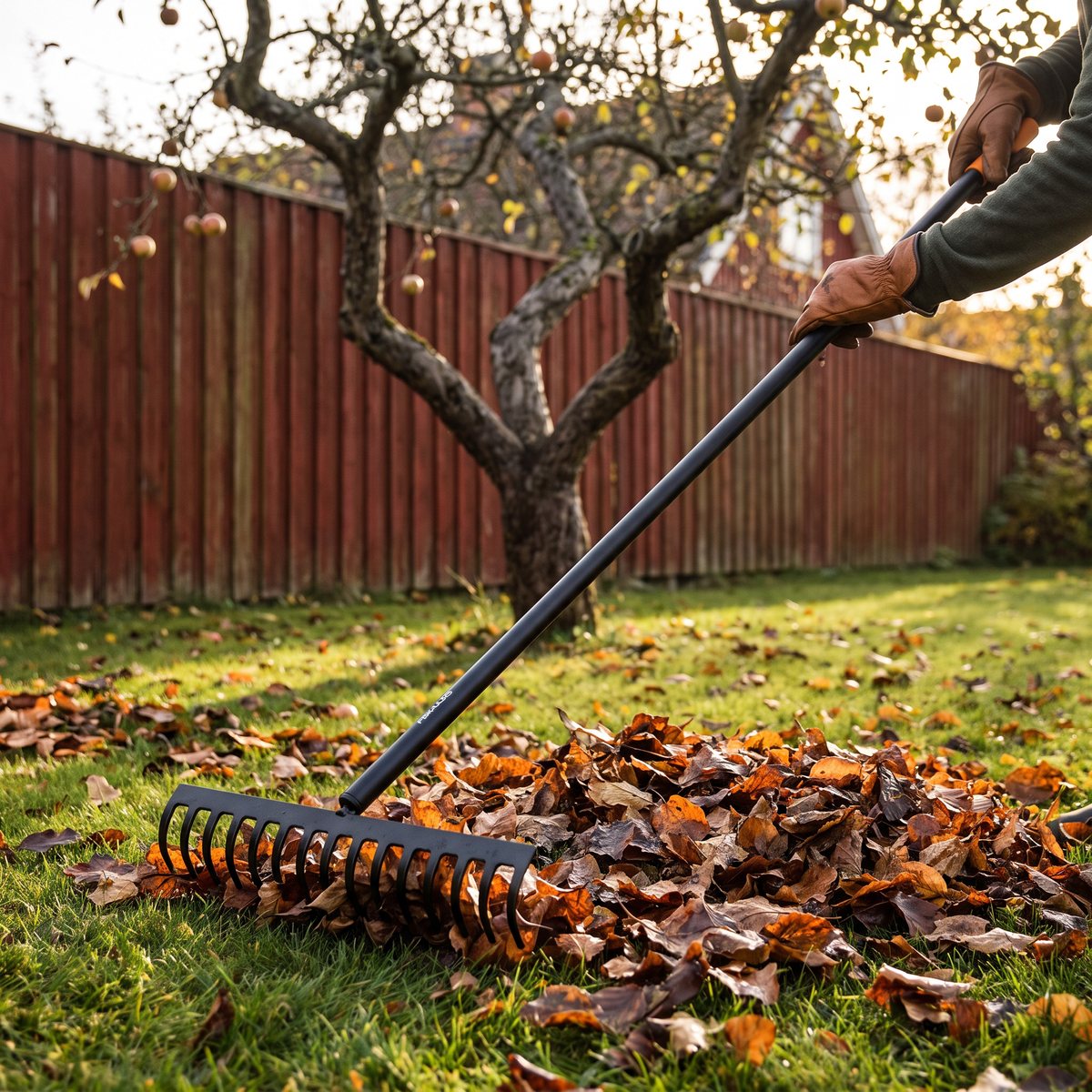 Fiskars Solid-kratta med svart skaft som drar ihop höstlöv på en gräsmatta framför ett rött plank och ett äppelträd