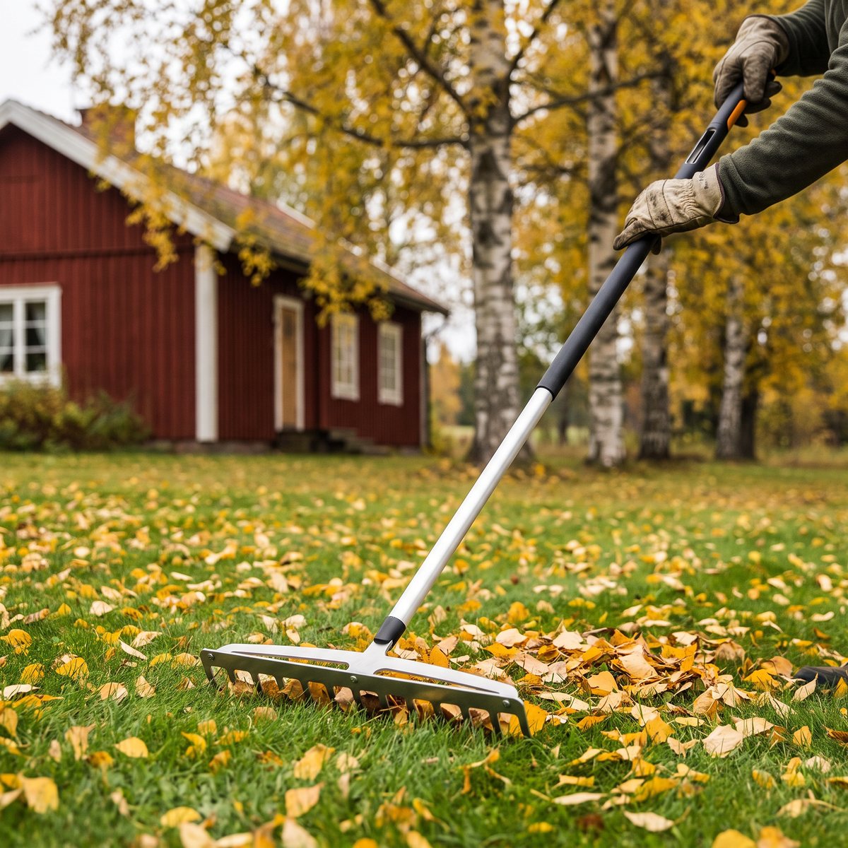 Fiskars Xact-kratta med svart handtag och aluminiumskaft som krattar höstlöv på en gräsmatta vid en rödmålad stuga och björkar