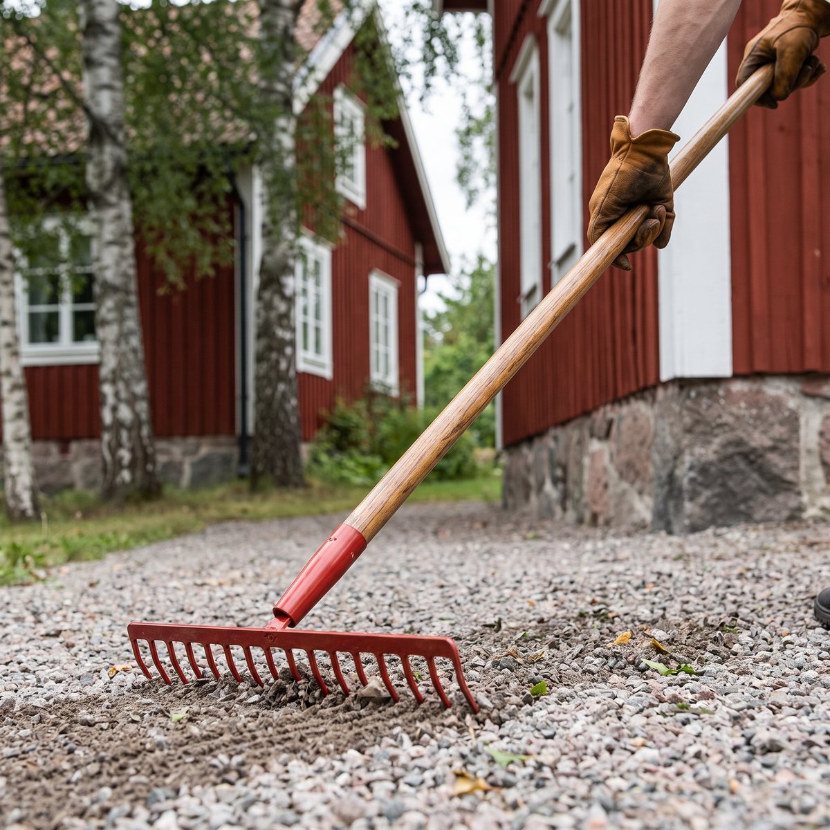 PELA-kratta med trähandtag och rött stålhuvud som krattar en grusgång intill en rödmålad stuga