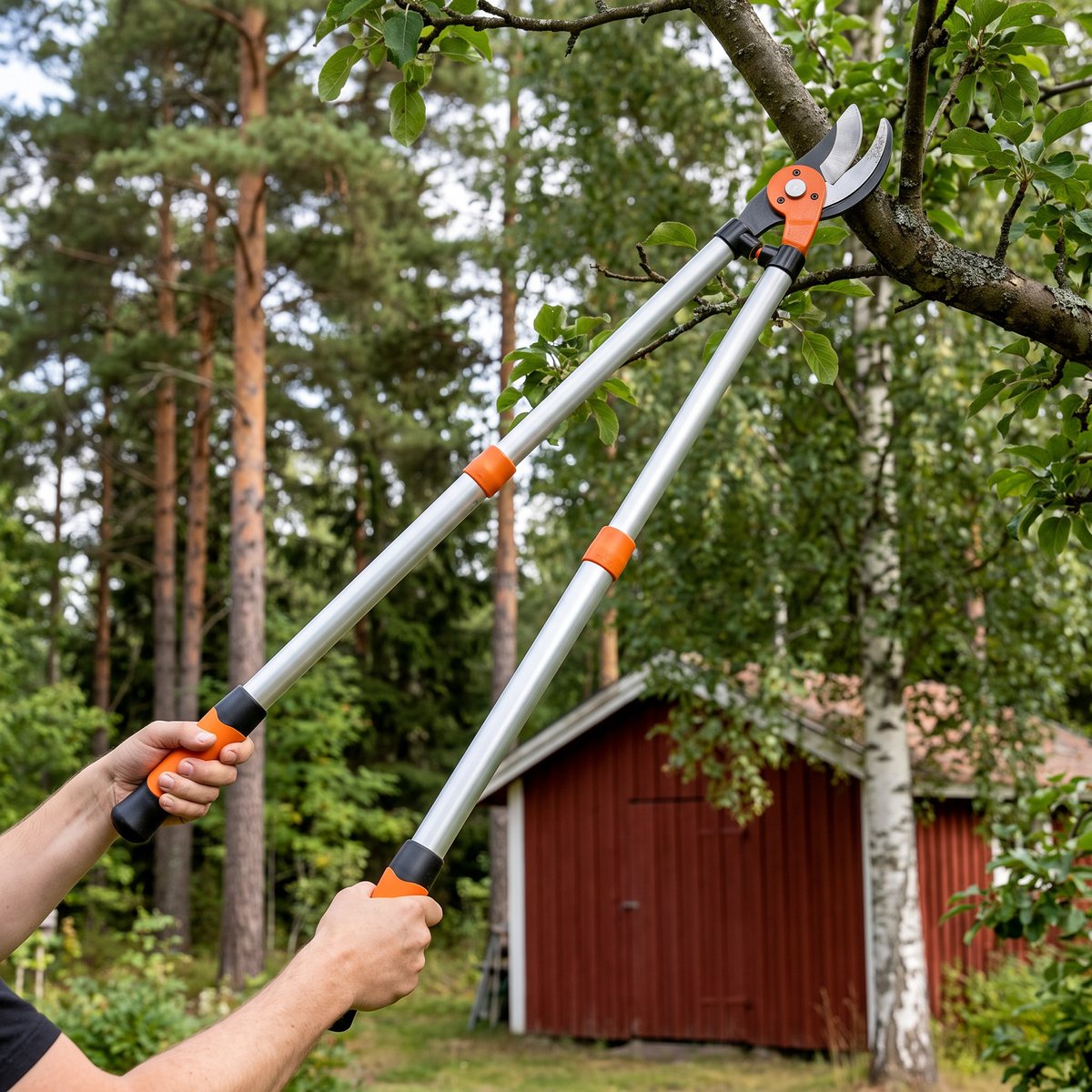 Bahco teleskopisk grensax utdragen för att nå en hög gren på ett fruktträd i en svensk trädgård med rött skjul