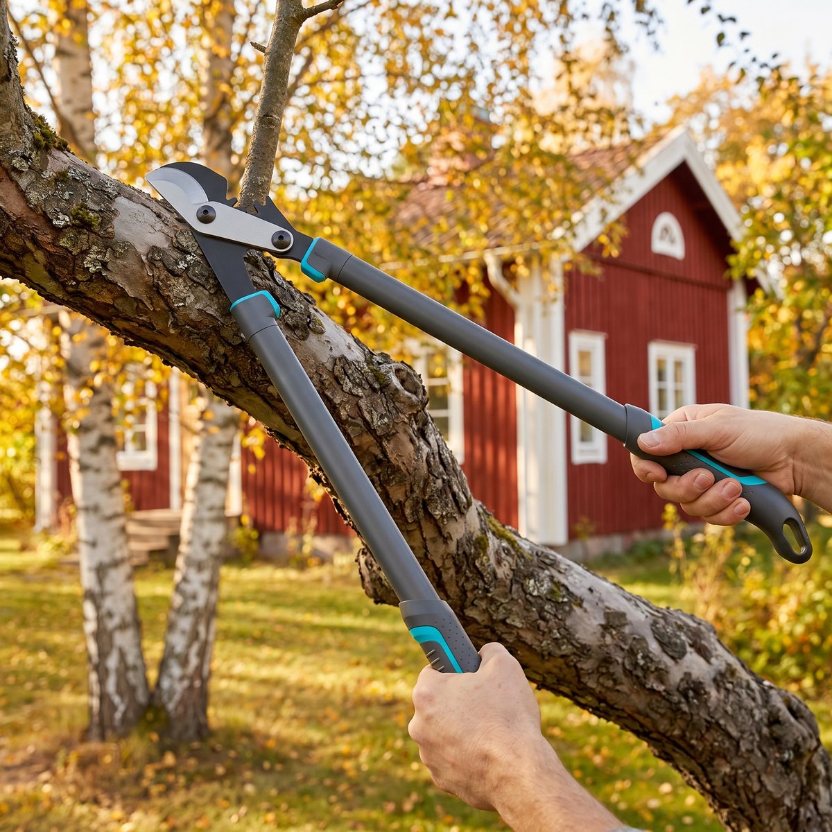 Gardena EnergyCut Pro L grensax som kapar en tjock äppelträdsgren i en svensk trädgård med rött trähus och björkar