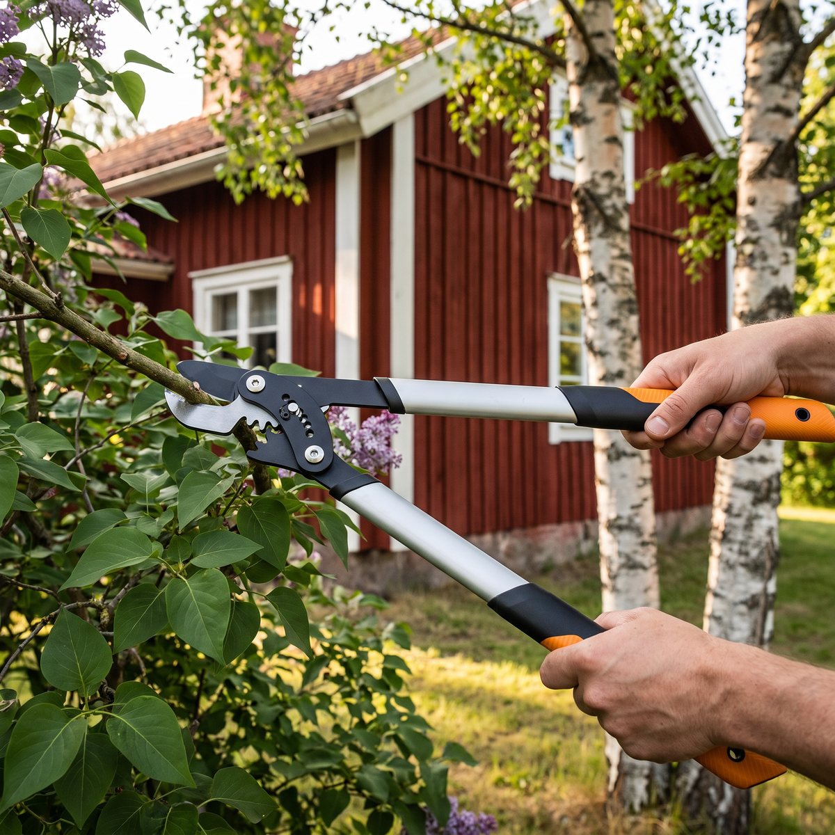 Fiskars PowerGear X LX94 grensax som beskär en syrenbuske vid en röd stuga med björkar