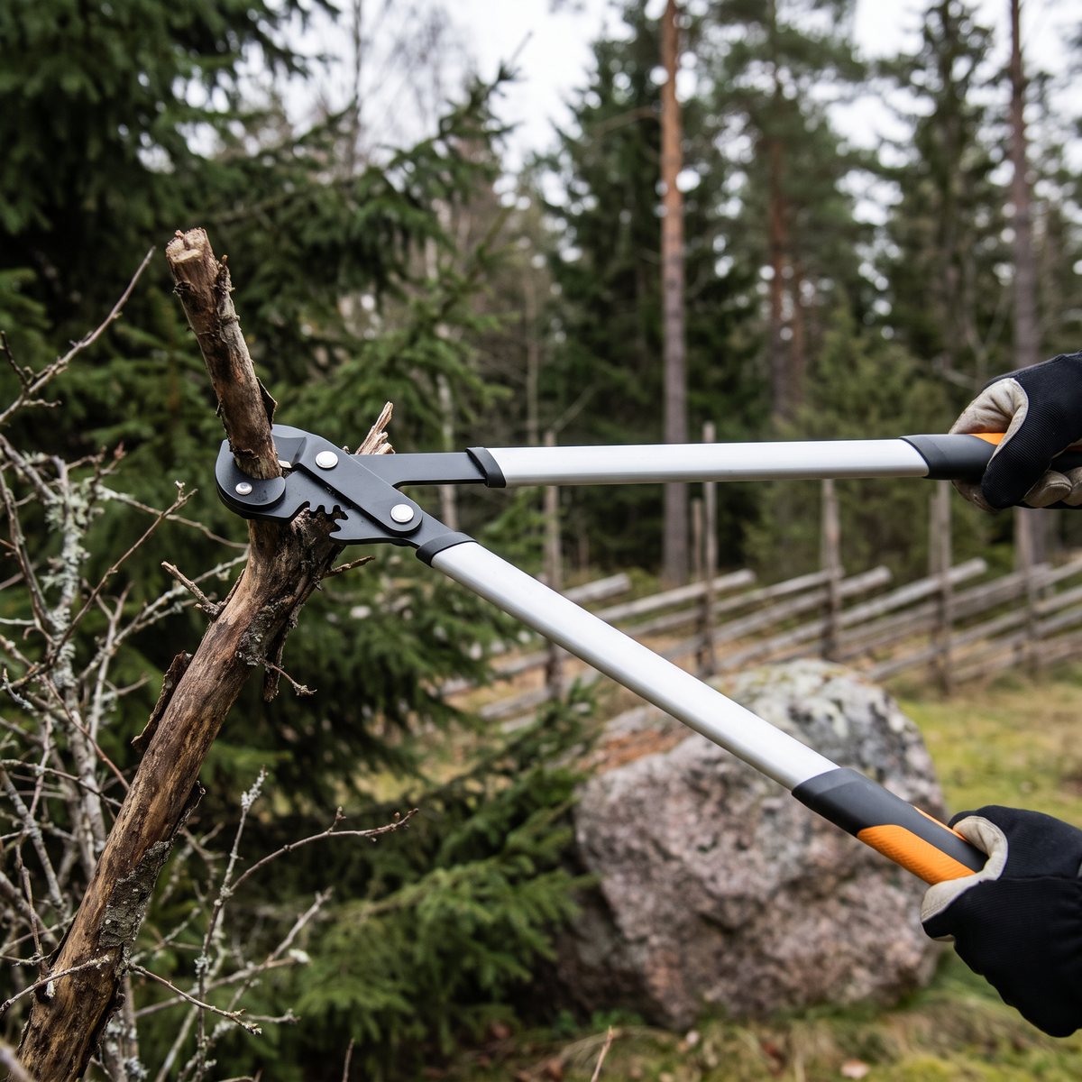 Fiskars PowerGear X LX99 grensax som kapar en torr gren i svensk skogsmiljö med gran, stengärdsgård och sten