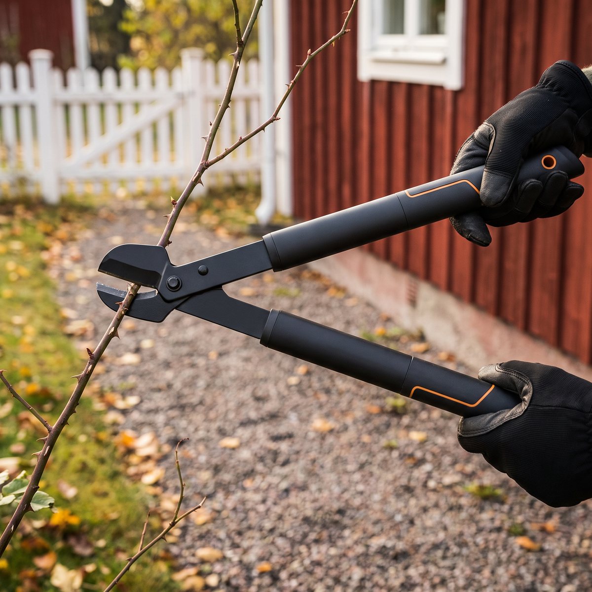 Fiskars SingleStep L28 grensax som kapar en rosgren vid en svensk grusgång och röd husvägg