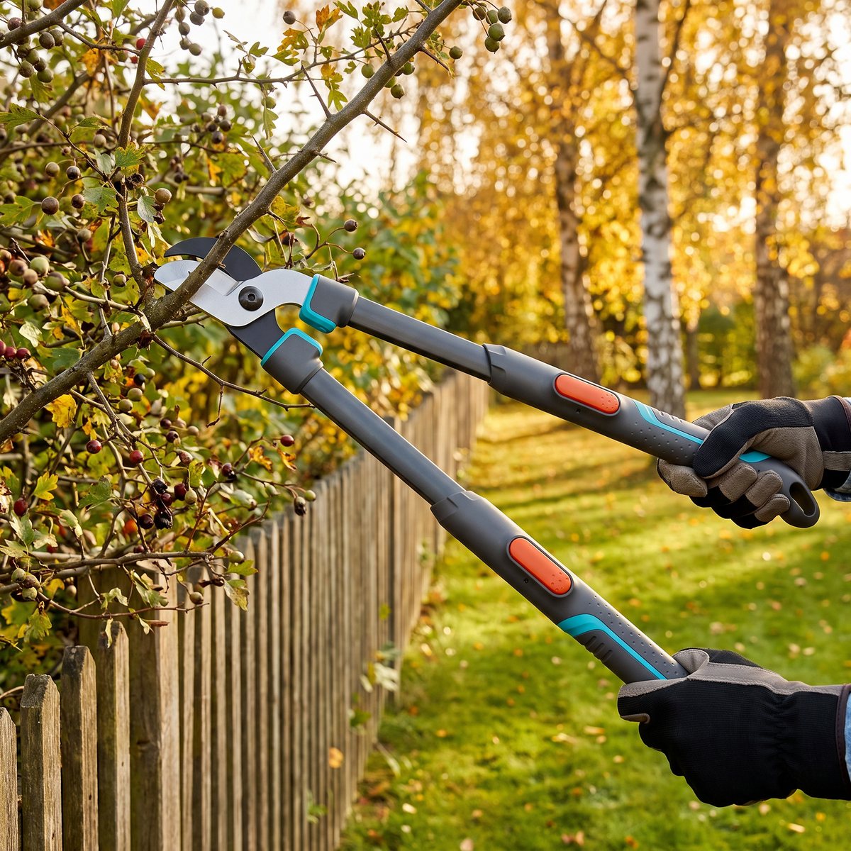 Gardena TeleCut Pro S teleskopisk grensax som kapar en gren i en hagtornshäck vid ett svenskt trästaket