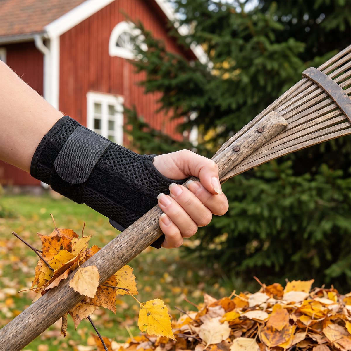 Svart luftigt nätstöd med skena runt handleden när en kratta används i svensk trädgård