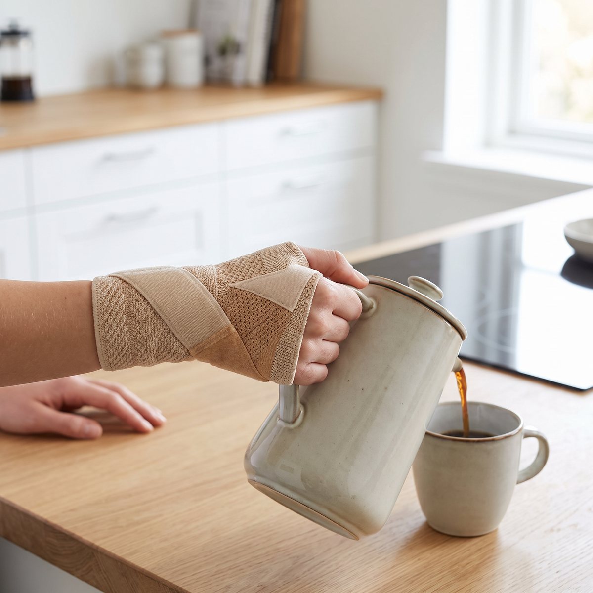 Beige stickat handledsstöd som bärs vid kaffehällning i ett svenskt kök