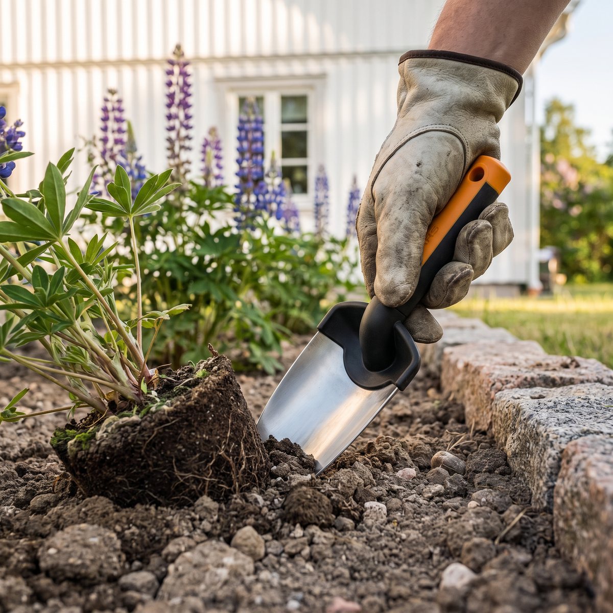 Fiskars Premium Planters planteringsspade med brett rostfritt blad planterar en perenn i hård, stenig jord i en villaträdgård