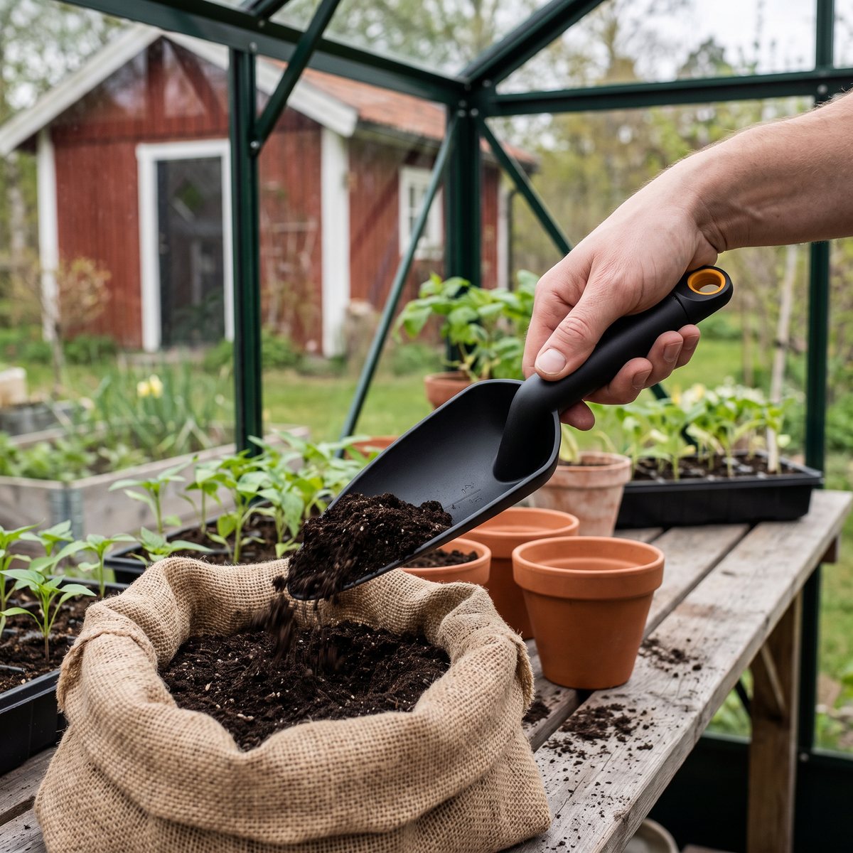 Svart Fiskars Solid planteringsspade i plast fyller krukor med planteringsjord på ett planteringsbord i ett växthus