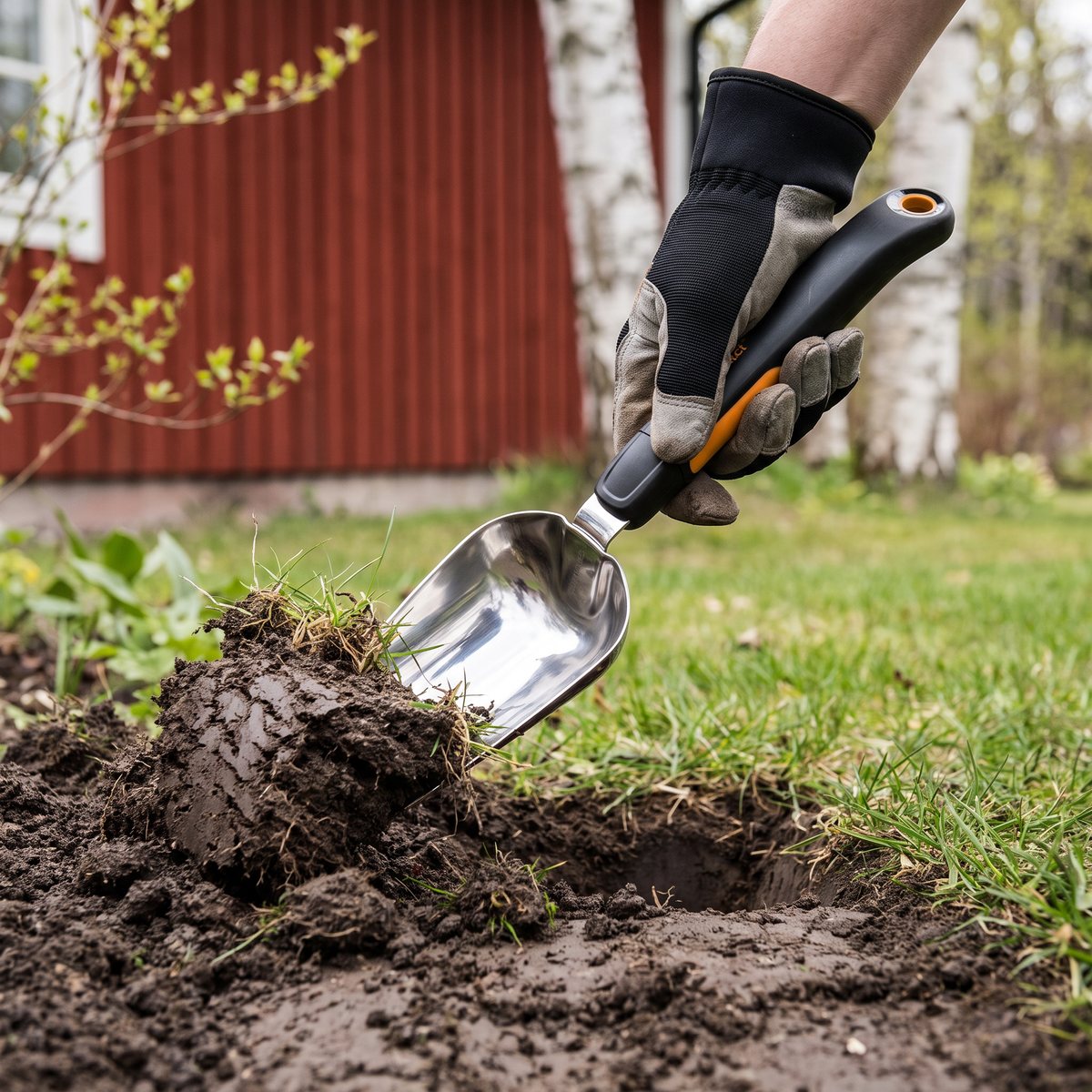 Fiskars Xact planteringsspade med polerat rostfritt blad lyfter en klump lerjord ur gräsmattan vid en rabatt framför ett rött trähus med björkar