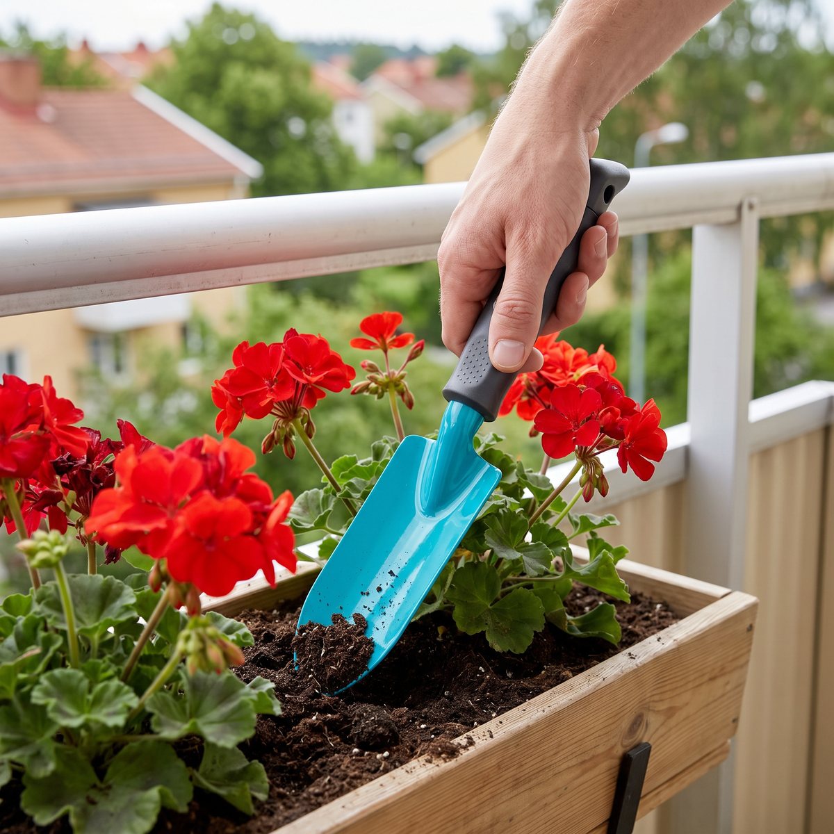 Smal Gardena planterspade med turkost blad mellan pelargoner i en balkonglåda på en svensk balkong