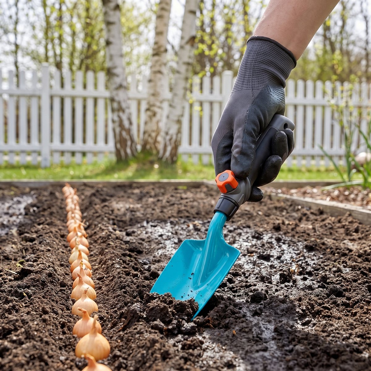 Gardena Combisystem planterspade med turkost blad gräver planteringshål vid en rad sättlök i ett svenskt grönsaksland