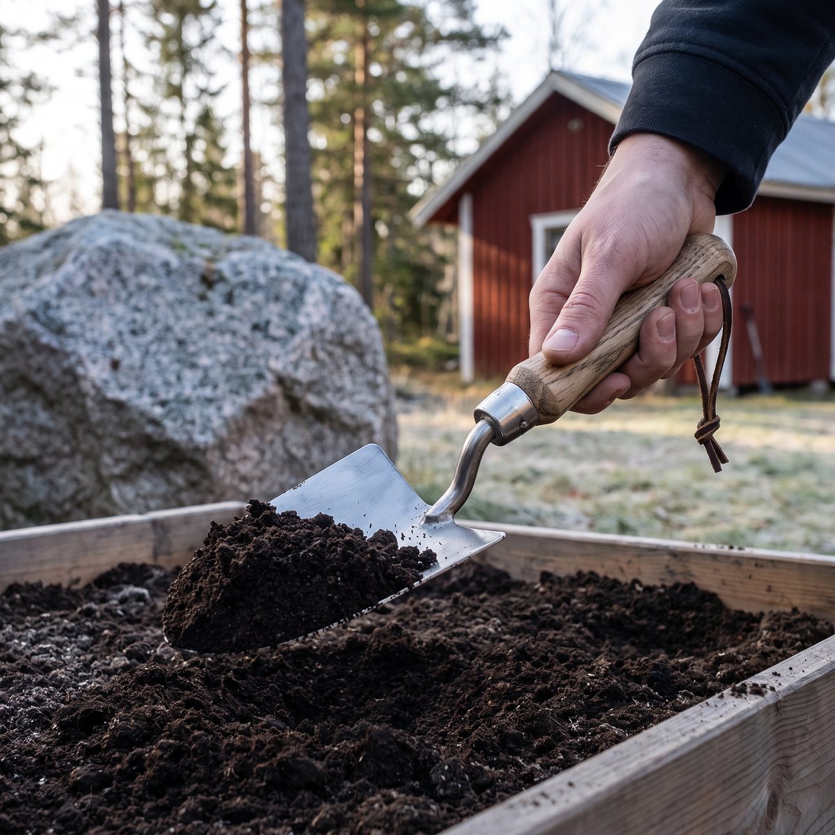 Nelson Garden planterspade med brett rostfritt blad och askhandtag fyller jord i en pallkrage en kylig vårmorgon