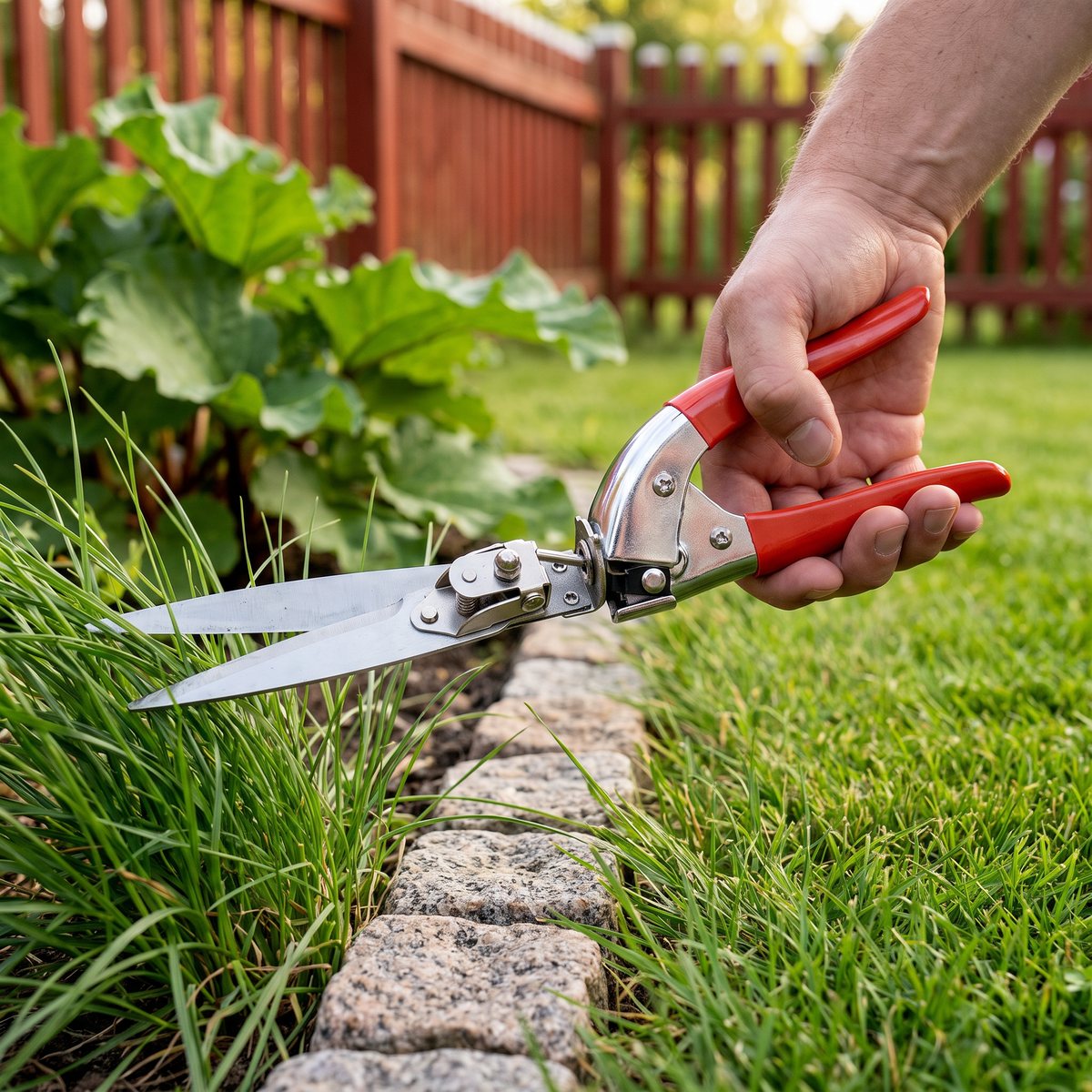 Bahco GS-76 grässax med röda handtag klipper gräs längs en rabattkant av gatsten med rabarber och rött staket i bakgrunden