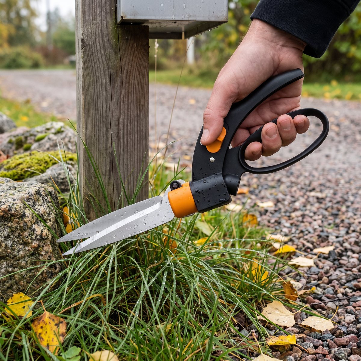 Fiskars Servo-System GS42 klipper högt, blött höstgräs runt en brevlådestolpe vid en grusuppfart