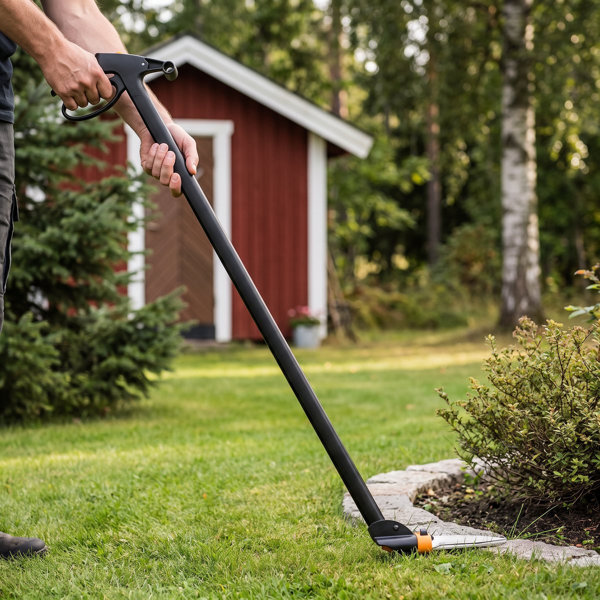 Fiskars Servo-System GS46 med långt skaft hålls med båda händerna och klipper gräskanten vid en stenkantad rabatt framför en röd bod